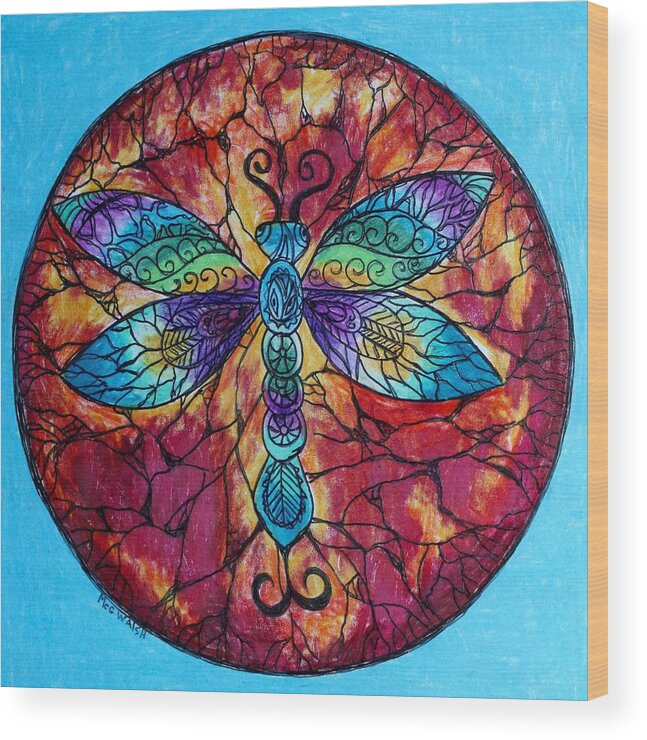 Dragonflies Wood Print featuring the drawing Dragonfly Mandala by Megan Walsh