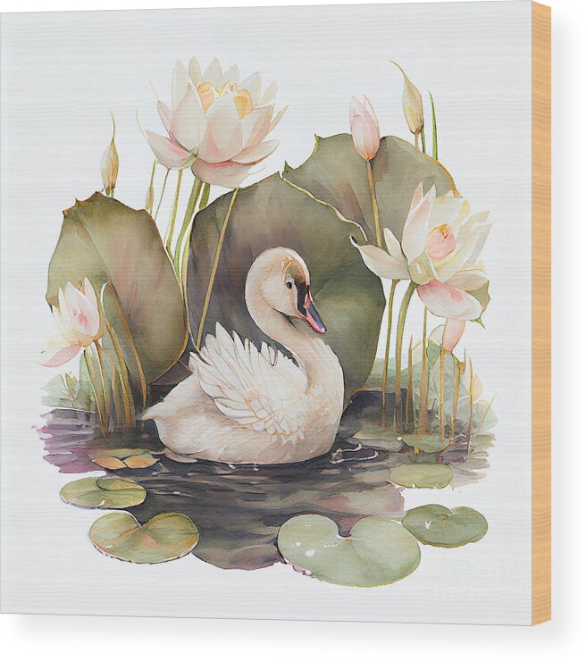 Elegant Baby Swan In A Pond Fill With Lotus Art Wood Print featuring the digital art Elegant baby swan in a pond fill with lotus  by Asar Studios by Celestial Images