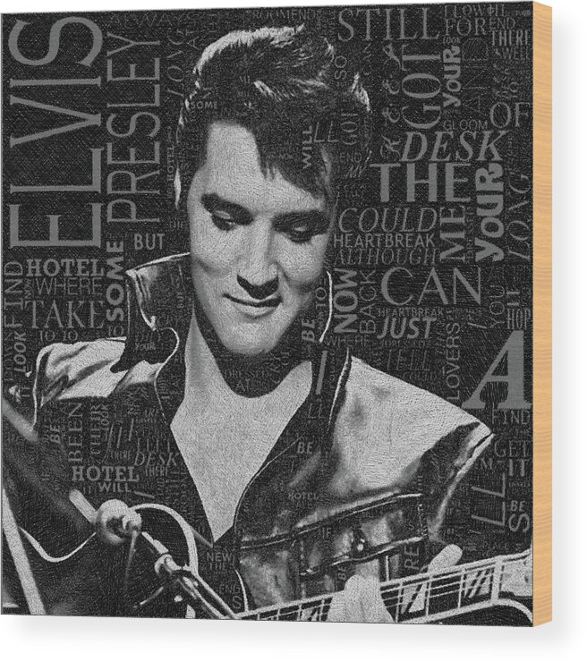 Elvis Presley Wood Print featuring the painting Elvis Heartbreak Hotel Lyrics by Tony Rubino