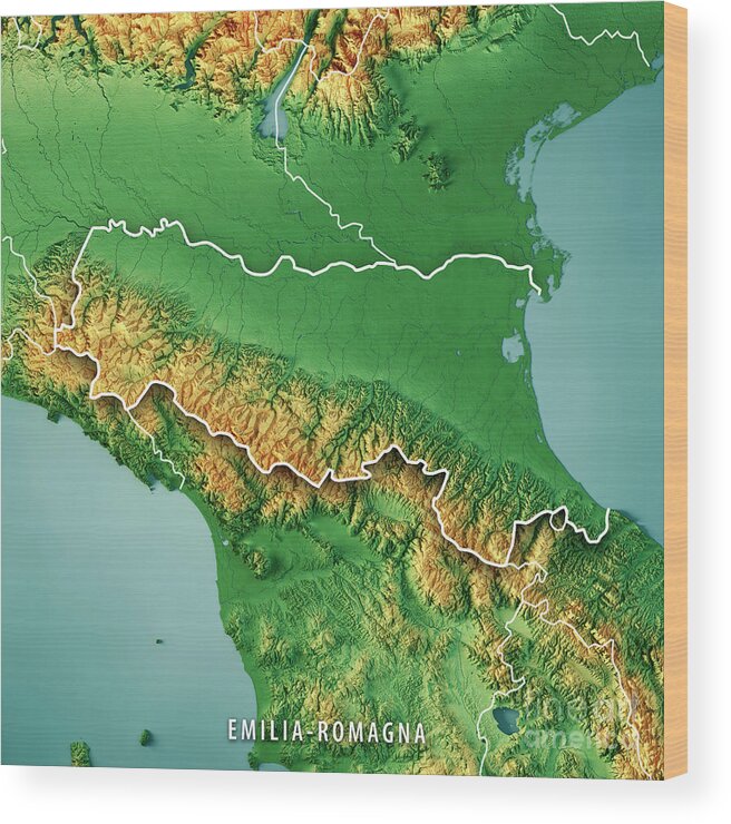 Italy Wood Print featuring the digital art Emilia-Romagna Italy 3D Render Topographic Map Color Border by Frank Ramspott