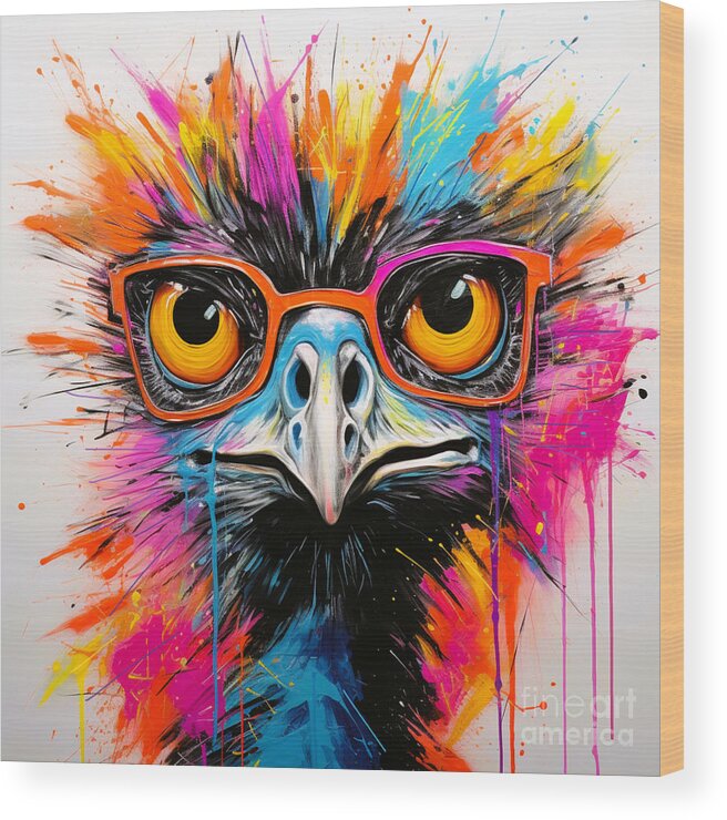 Colorful Emu Painting Wood Print featuring the painting Spectacular Specs The Visionary Emu by Crystal Stagg