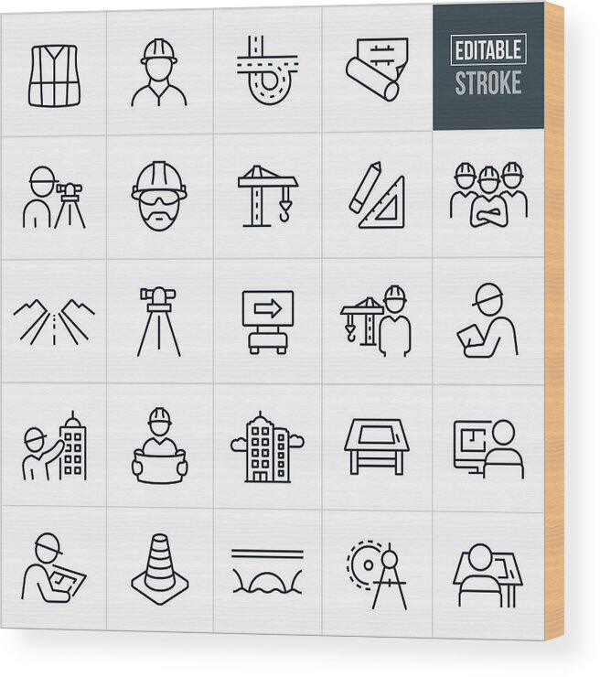 Editable Stroke Wood Print featuring the drawing Engineering Thin Line Icons - Editable Stroke by Appleuzr