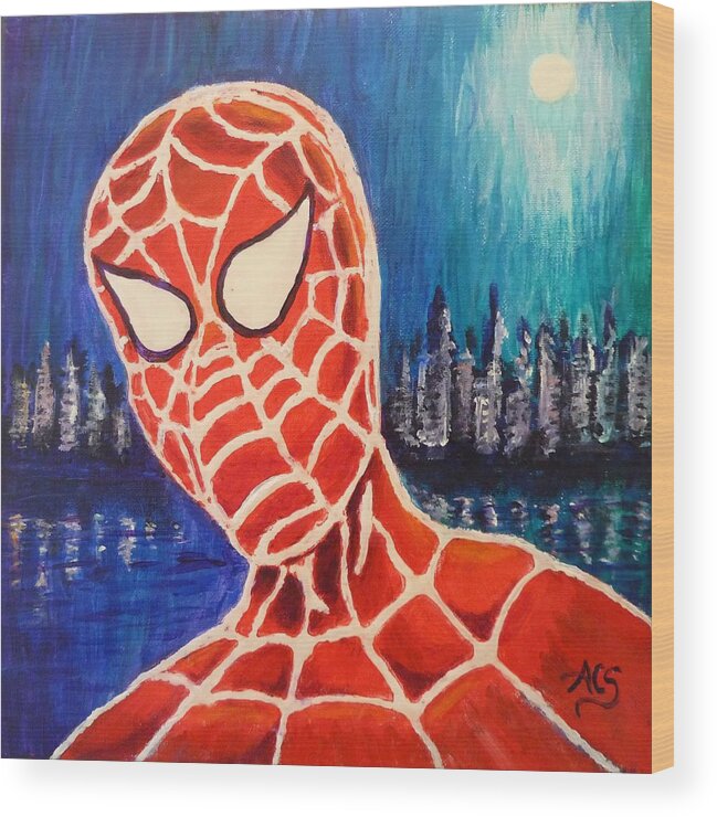 Spiderman Wood Print featuring the painting Even Spiders Wear Masks by Amelie Simmons