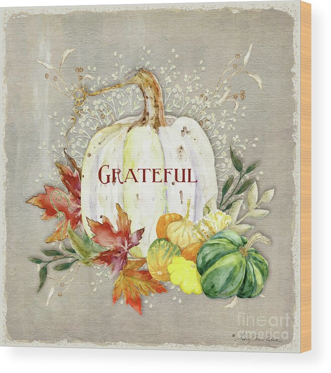 Watercolor Wood Print featuring the painting Fall Autumn Grateful Harvest White Pumpkin and Leaves by Audrey Jeanne Roberts