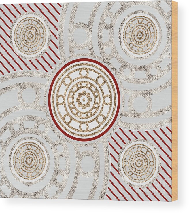 Abstract Wood Print featuring the mixed media Festive Sparkly Geometric Glyph Art in Red Silver and Gold n.0132 by Holy Rock Design