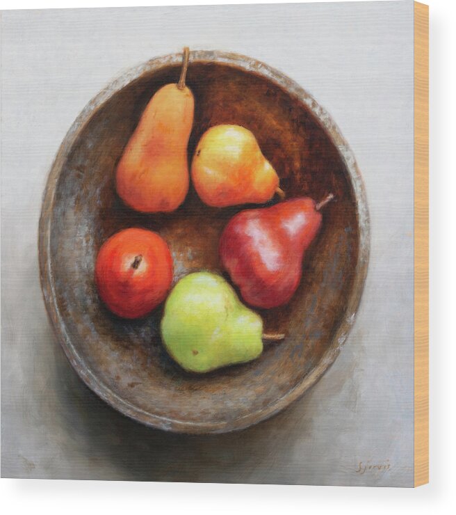Red Wood Print featuring the painting Five Pears by Susan N Jarvis