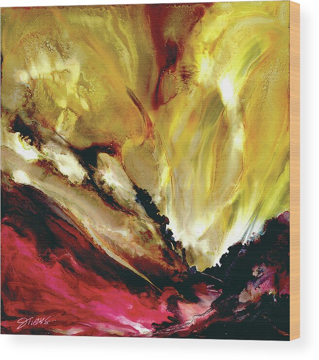 Abstract Wood Print featuring the painting Fire in the SKy by Julie Tibus