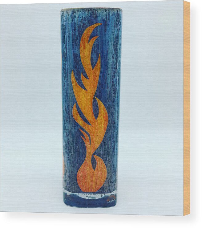 Glass Wood Print featuring the glass art Flame on Blue by Christopher Schranck