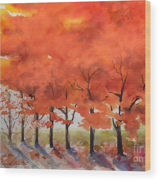 Red Magical Trees In Fall. Wood Print featuring the painting Flaming Autumn by Caroline Patrick