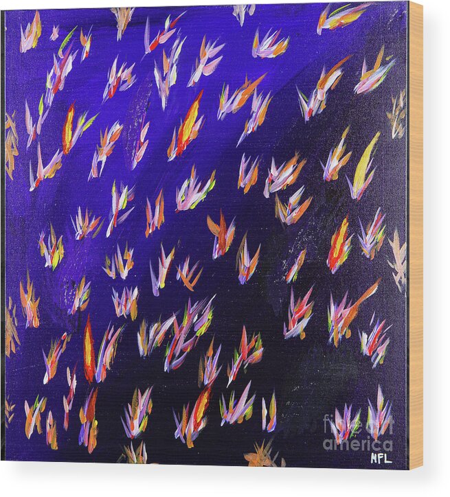 Abstract Wood Print featuring the digital art Flocking Birds of Paradise - Colorful Abstract Contemporary Acrylic Painting by Sambel Pedes