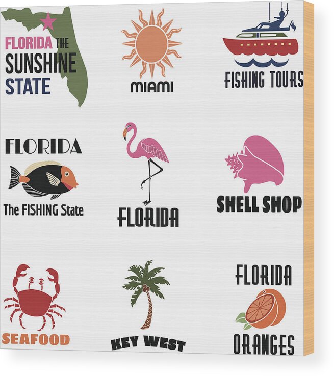 Orange Color Wood Print featuring the drawing Florida icons with text by Kathykonkle