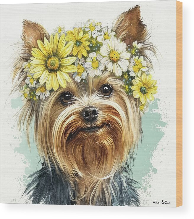 Yorkshire Terrier Wood Print featuring the painting Flower Girl Yorkie by Tina LeCour