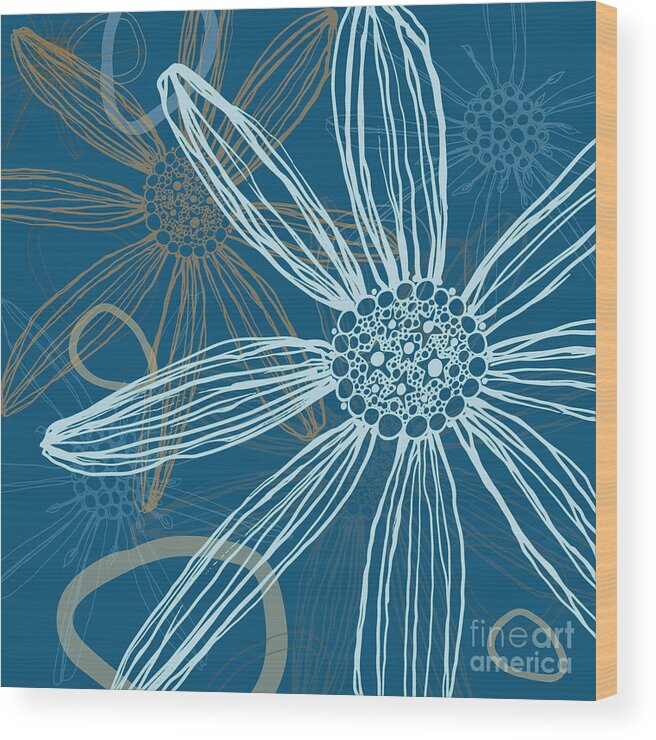 Flower Silhouettes Wood Print featuring the mixed media Flower Silhouette Modern Line Art in Blue by Patricia Awapara