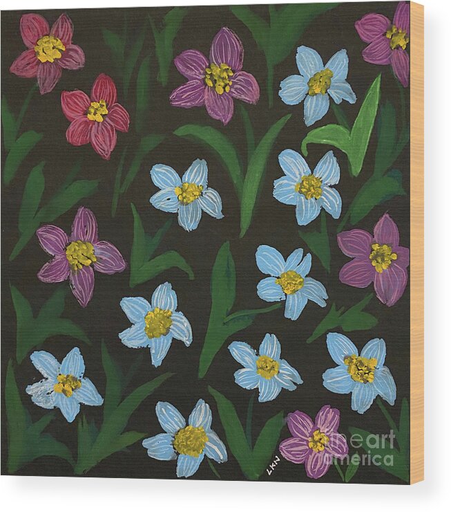 Flowers Wood Print featuring the painting Flowers on Black by Lisa Neuman