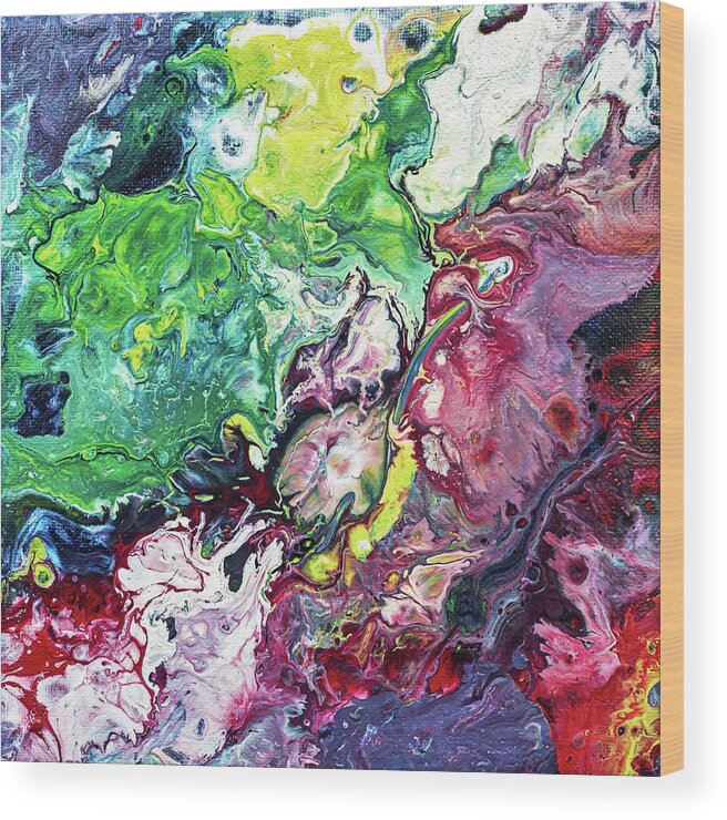Fluid Wood Print featuring the painting Fluid Abstract Purple Green by Maria Meester