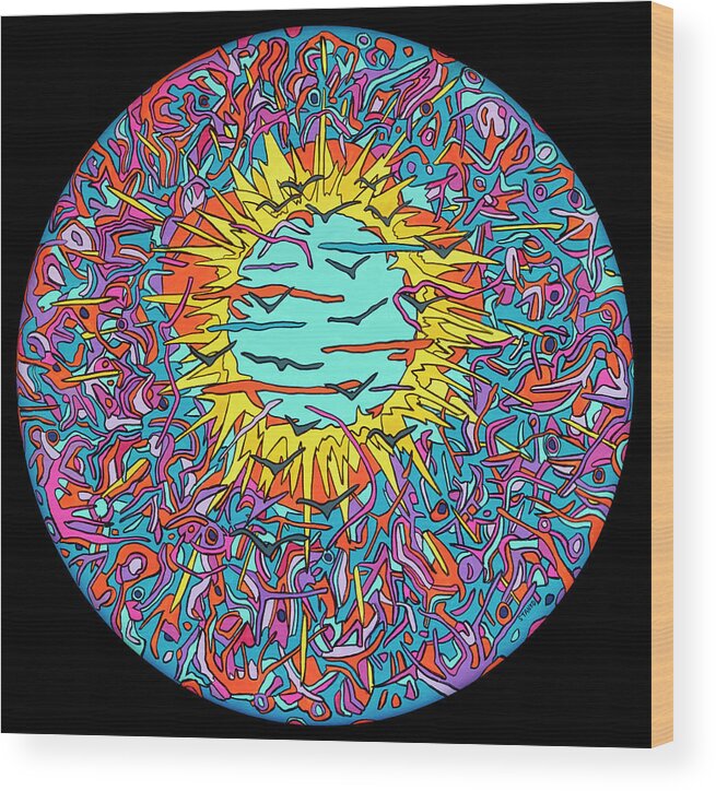 Flying Psychedelic Pop Art Colorful Sun Wood Print featuring the painting Flying through the Sun by Mike Stanko