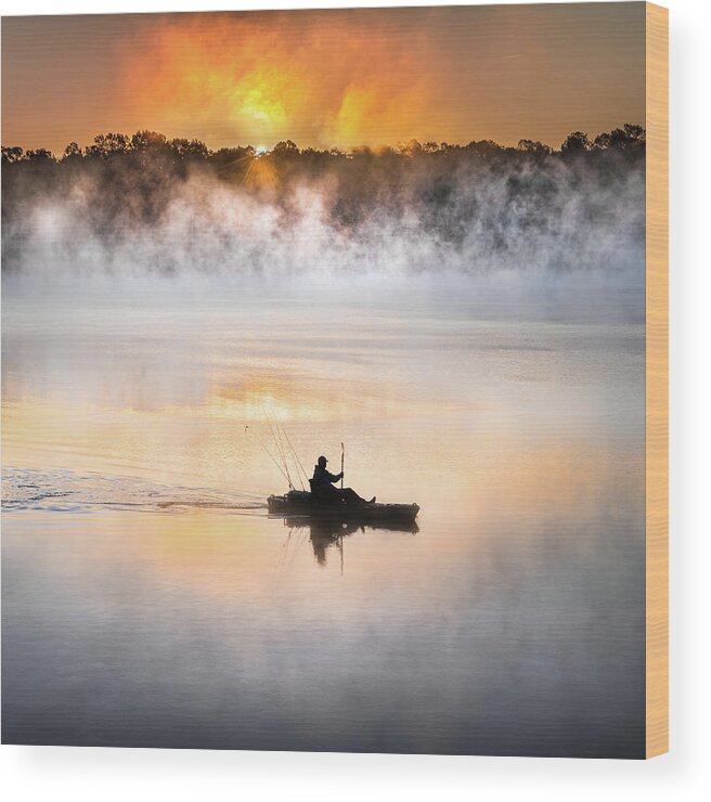 Lake Lamar Bruce Wood Print featuring the photograph Foggy Morning Kayak Fisherman Sunrise Lake Mississippi by Jordan Hill