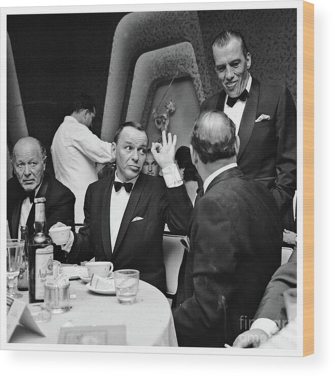 Sinatra Wood Print featuring the photograph Frank Sinatra And Ed Sullivan In A Restaurant.- White Bordered by Doc Braham