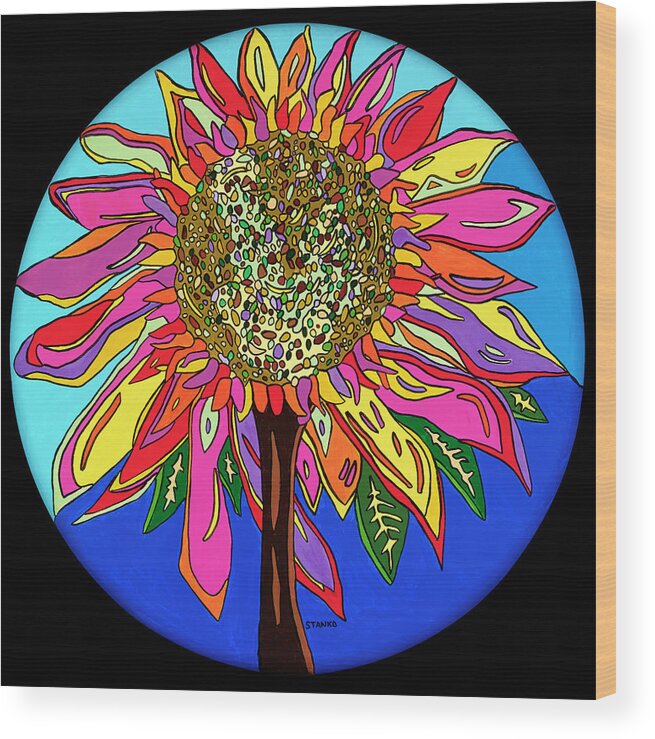 Flower Psychedelic Colorerful Pop Art Wood Print featuring the painting FunFlower by Mike Stanko