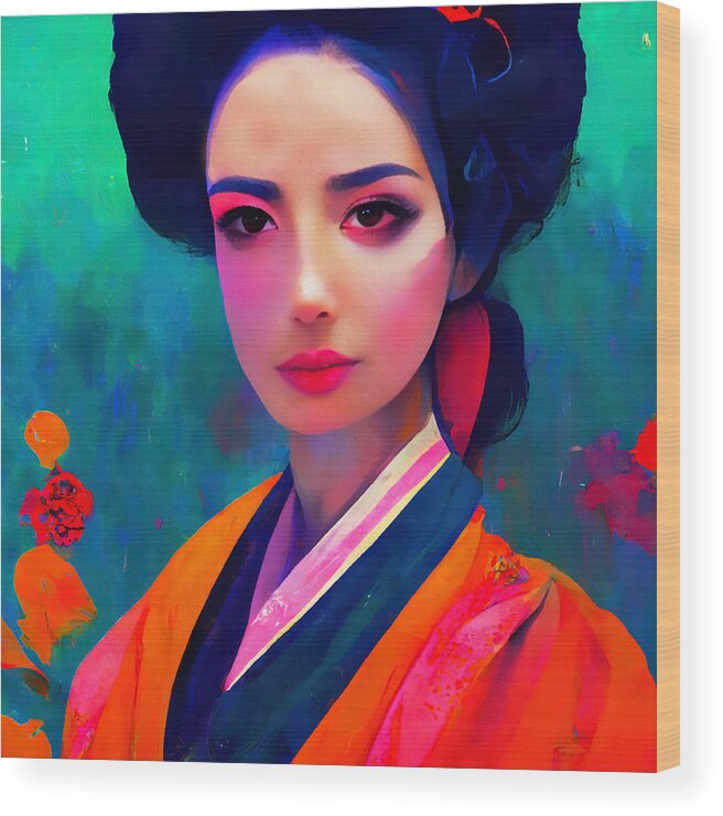 Japanese Wood Print featuring the painting Geisha, Portrait, 04 by AM FineArtPrints