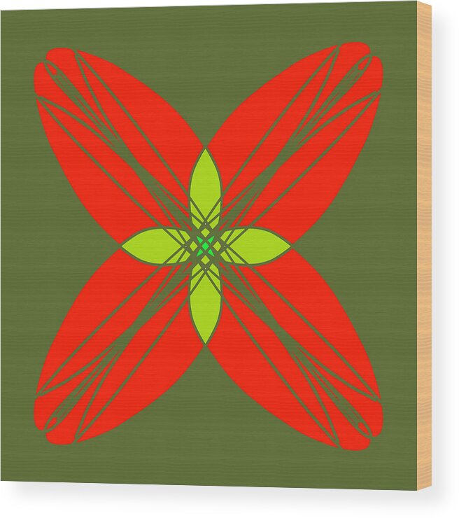 Decorative Illustration Wood Print featuring the digital art Geometrical Pattern - Red Olive Green Flower by Patricia Awapara
