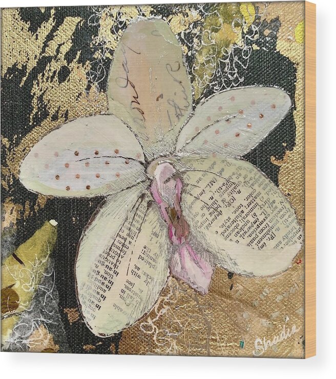 Orchid White Orchids Flowers Blossom Tropical Tropics Love Beauty Whitish Soft Delicate Green Fragile Fertility Refinement Thoughtfulness Charm Phalaenopsis Reverence Gold Gold Leaf Metallic Elegance Elegant Graceful Petite Dow Gardens Garden Midland Dowgarden Gold Collage Shadia Wood Print featuring the painting Gilded Orchid IV by Shadia Derbyshire