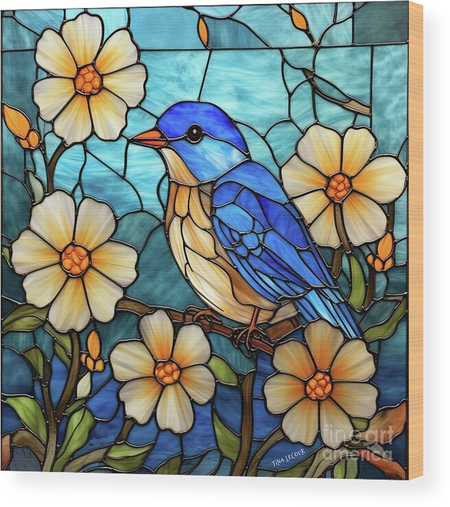 Bluebird Wood Print featuring the glass art Glass Bluebird by Tina LeCour