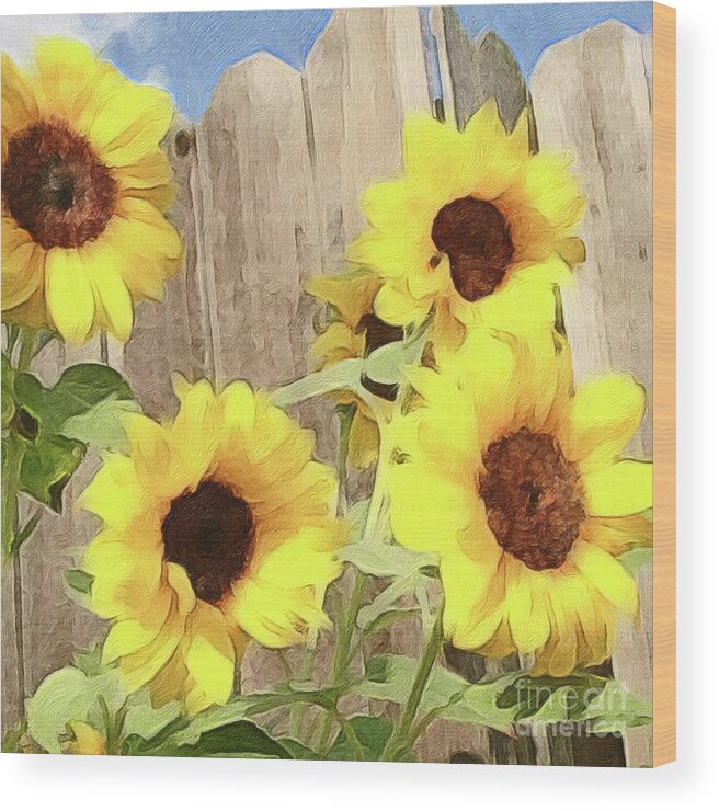 Sunflowers Wood Print featuring the digital art Glowing Sunflowers by Wendy Golden