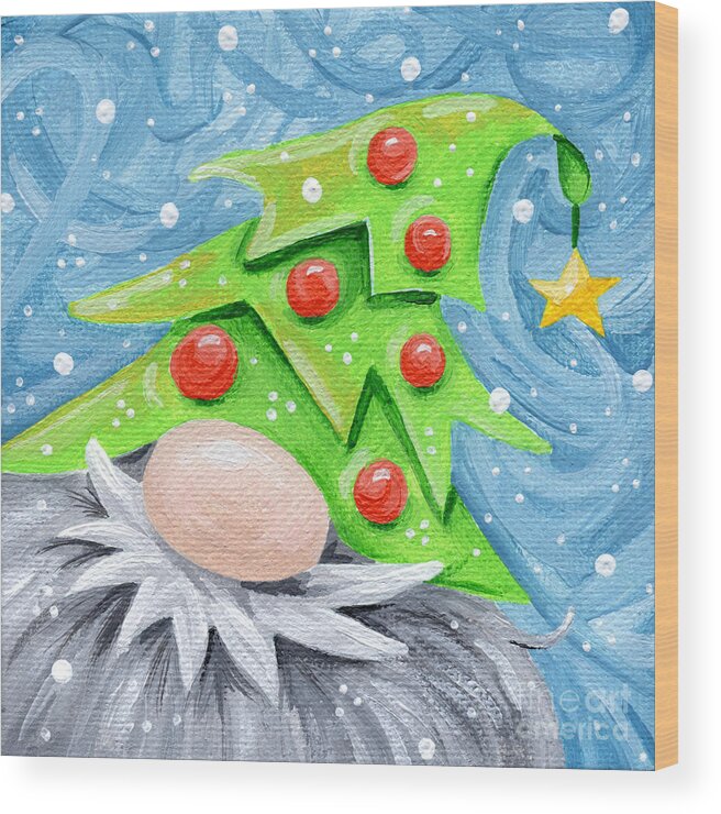 Gnome Wood Print featuring the painting Gnomie in a Tree Hat by Annie Troe