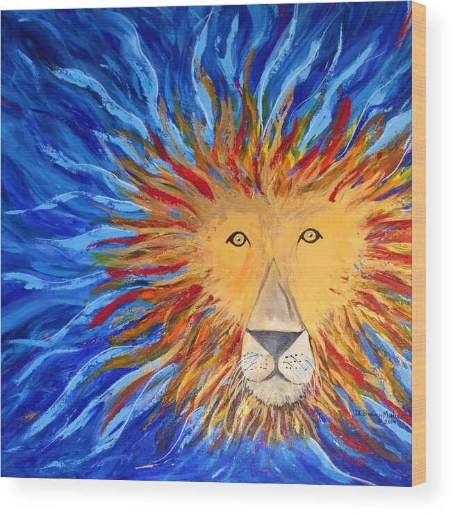 Lion Wood Print featuring the painting God Loves Us by Deb Brown Maher
