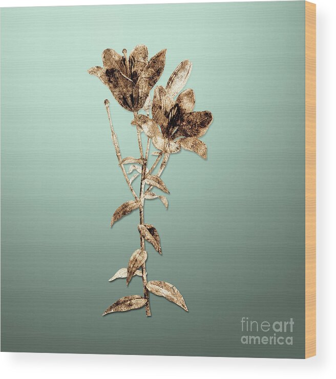 Gold Wood Print featuring the painting Gold Orange Bulbous Lily on Mint Green n.03842 by Holy Rock Design