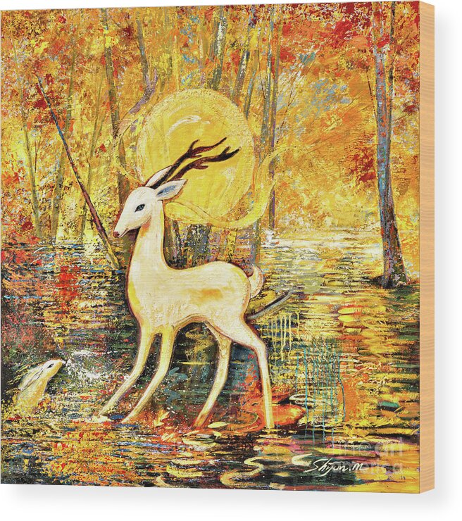 Deer Wood Print featuring the painting Golden Autumn by Shijun Munns