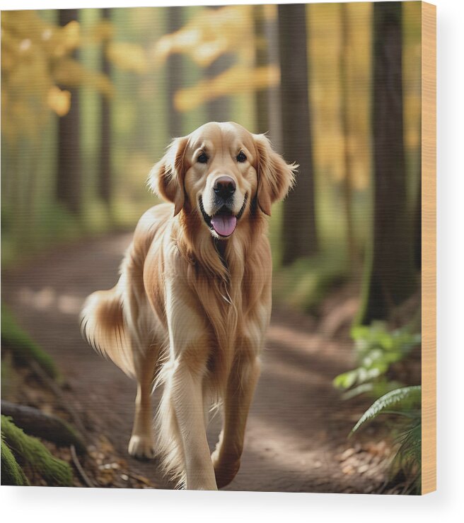 Golden Retriever Wood Print featuring the digital art Golden Retriever walking down a wooded area path. by Ray Shrewsberry