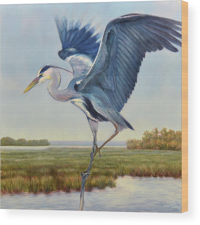 Great Blue Heron Painting Marsh Coast Coastal Green Tide Creek Wings Taking Flight Dancing For Dinner Balancing Act Stick Legs Wing Beat Light As Air Wood Print featuring the painting Great Blue by Pam Talley