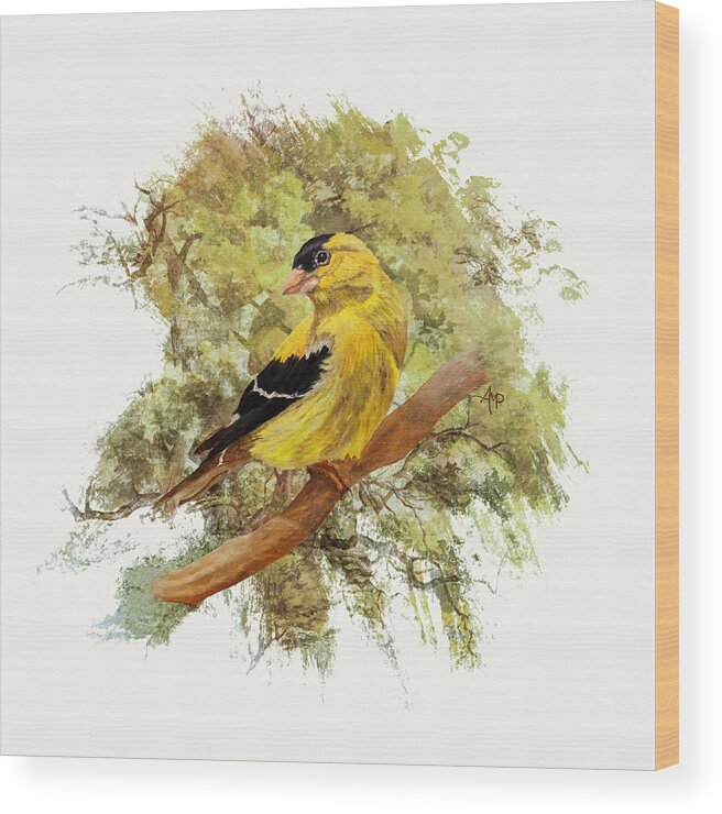 American Goldfinch Wood Print featuring the painting Green Shades Goldfinch by Angeles M Pomata