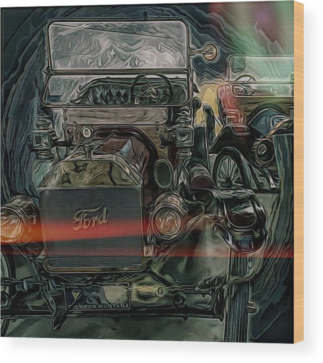 Vintage Ford Wood Print featuring the mixed media Grungy 1900s Vintage Ford Motorcar by Joan Stratton