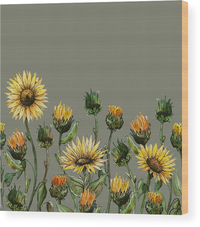 Sunflowers Wood Print featuring the painting Hand drawn watercolor vector calendula by Mounir Khalfouf