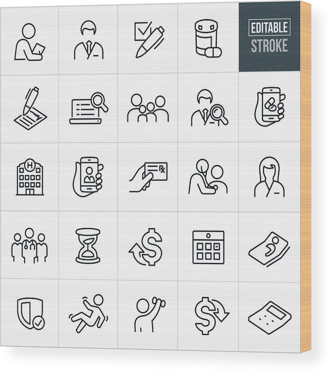 Security Wood Print featuring the drawing Health Care Insurance Thin Line Icons - Editable Stroke by Appleuzr