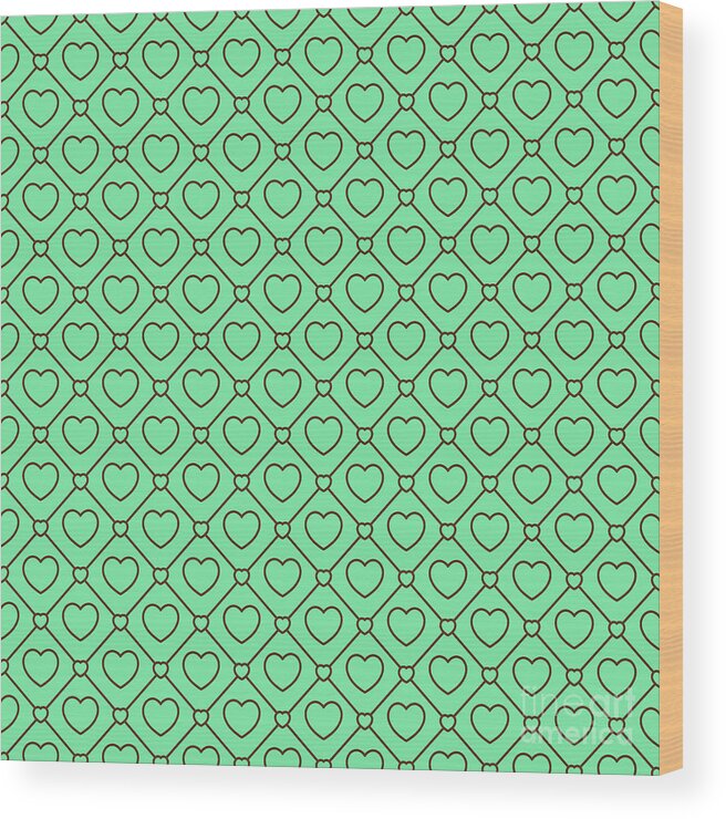 Pattern Wood Print featuring the painting Heart Dots A With Diagonal Grid Pattern in Mint Green And Chocolate Brown n.2298 by Holy Rock Design