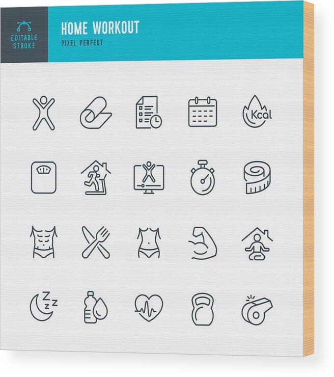 Internet Wood Print featuring the drawing HOME WORKOUT - thin line vector icon set. Pixel perfect. The set contains icons: Running, Weight Training, Yoga, Treadmill, Exercising. by Fonikum