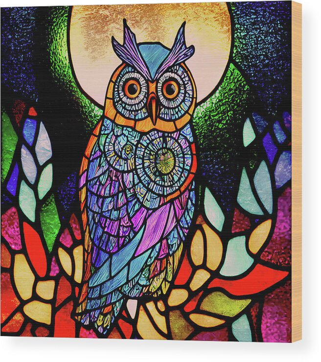 Hoot Owl Wood Print featuring the digital art Hoot Owl and Full Moon - Stained Glass by Peggy Collins