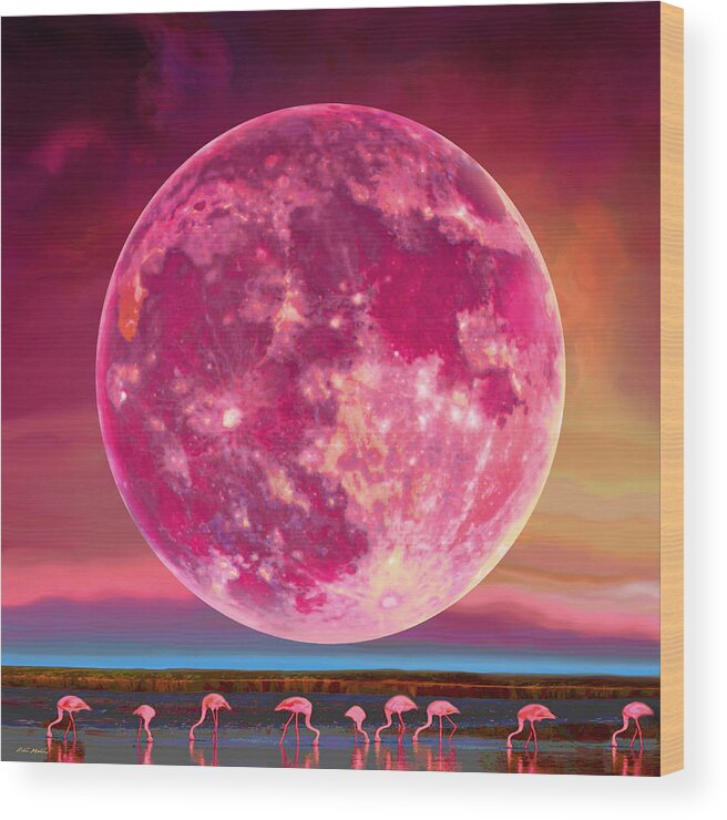 Flamingo's Wood Print featuring the digital art Hot Flamingo Moon by Robin Moline