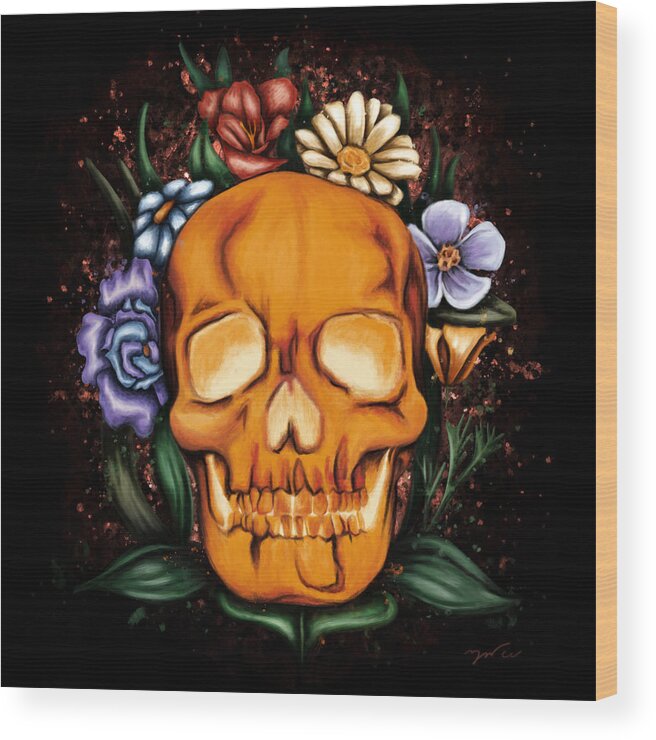 Human Skull Wood Print featuring the painting Human skull painting, Skull and flowers by Nadia CHEVREL