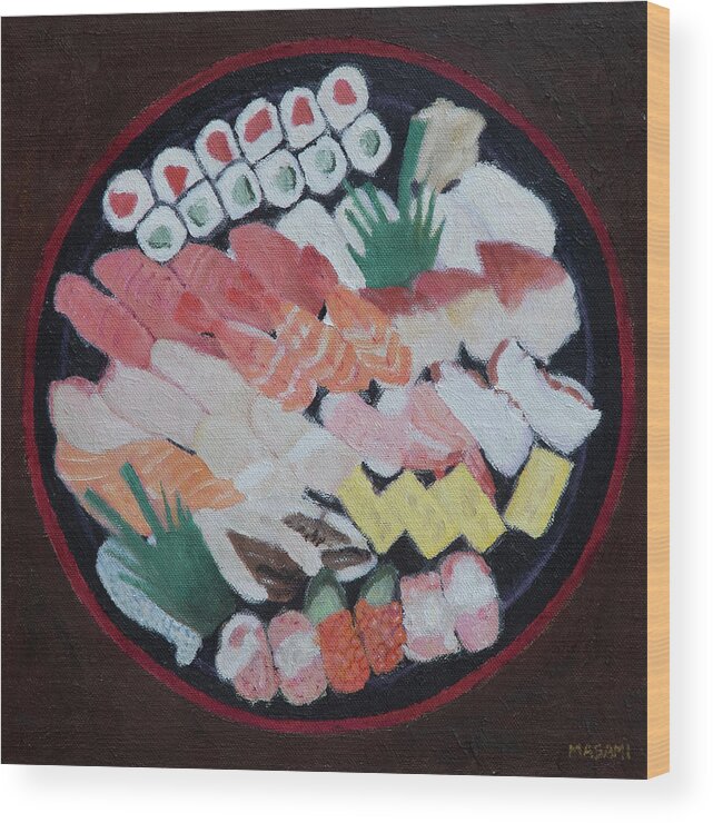 Restaurant Wood Print featuring the painting I Love Sushi by Masami IIDA
