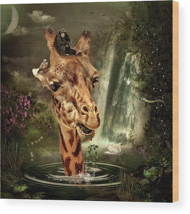 Giraffe Wood Print featuring the digital art In the Lake by Maggy Pease