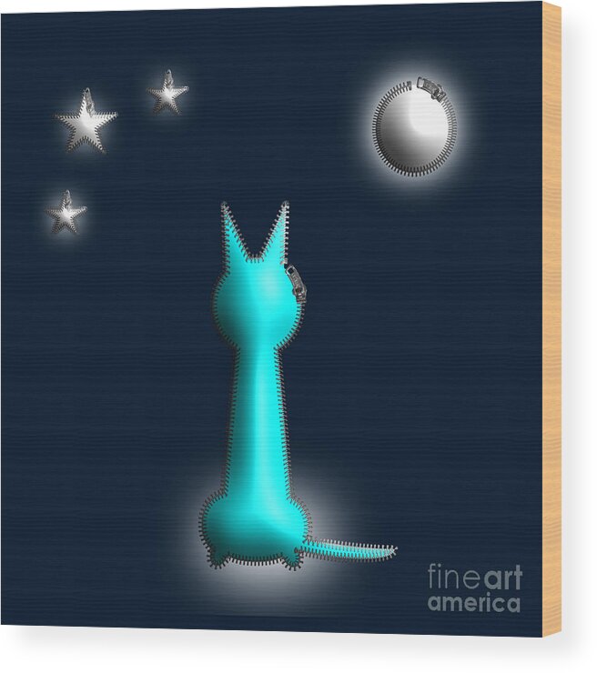 Cat Wood Print featuring the digital art Cat In the Moonlight Zip Design by Barefoot Bodeez Art