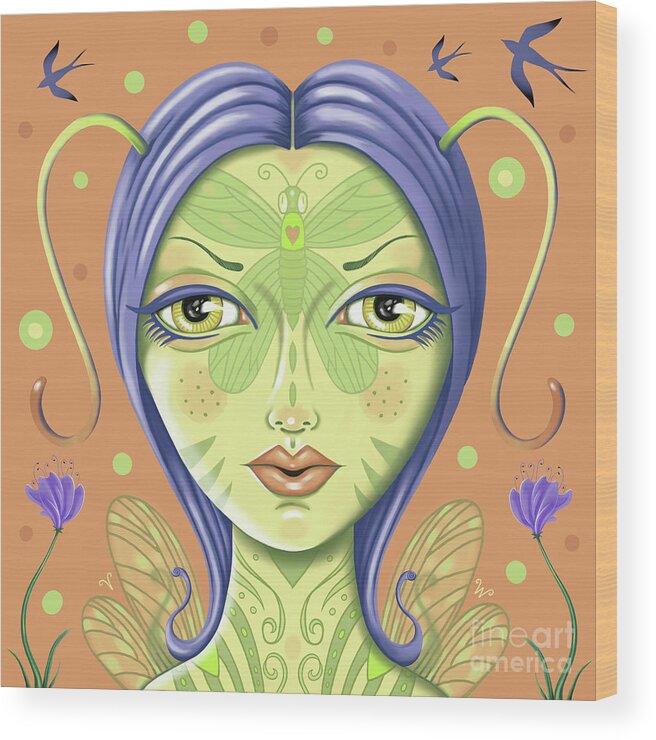 Fantasy Wood Print featuring the digital art Insect Girl Antennette - Sq.Orange by Valerie White