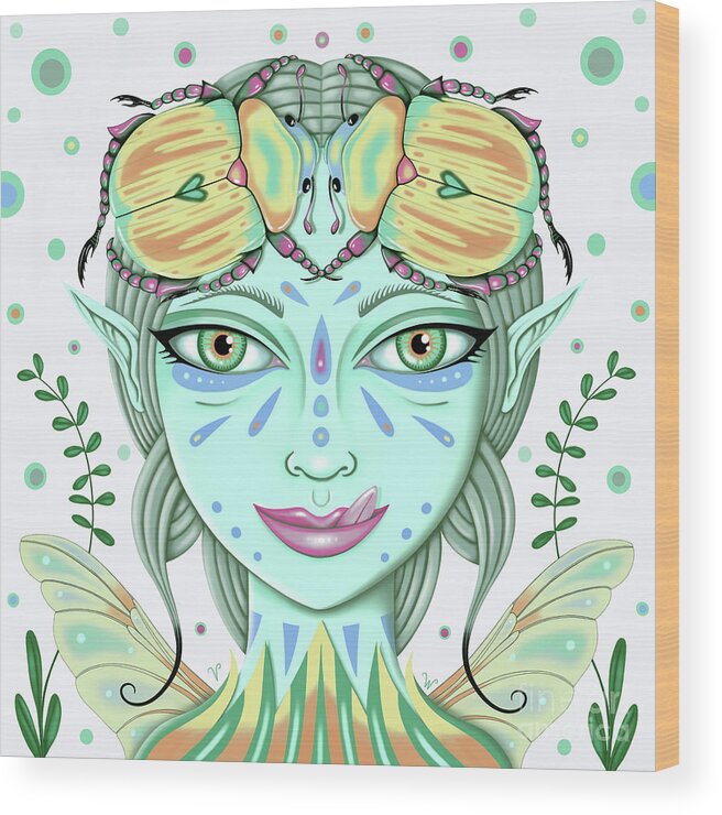 Fantasy Wood Print featuring the digital art Insect Girl, Scarabella - Sq.White by Valerie White
