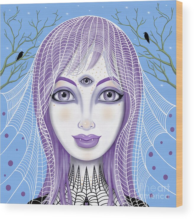 Fantasy Wood Print featuring the digital art Insect Girl, Spiderella - Sq.Blue by Valerie White
