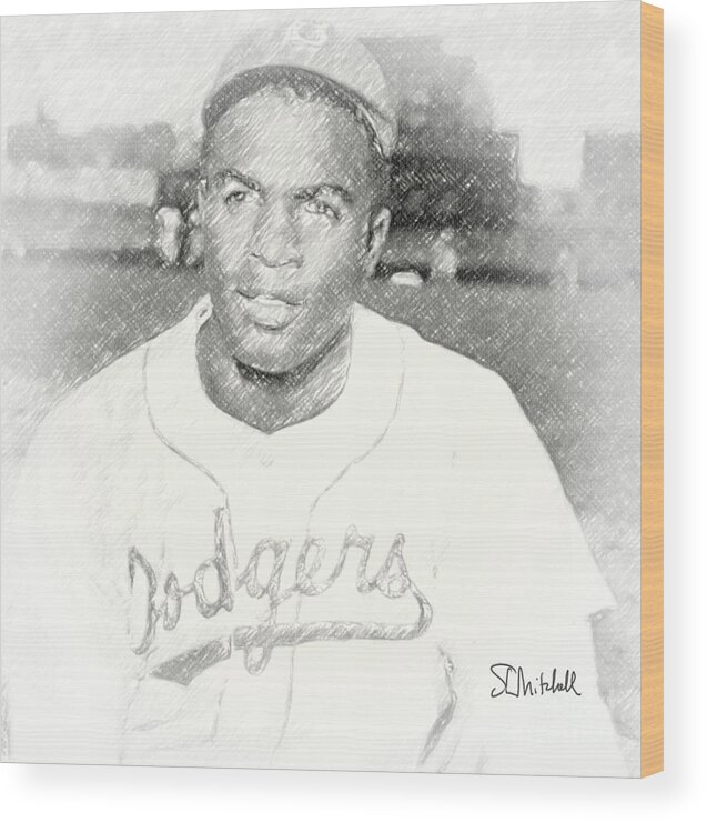 New York Wood Print featuring the drawing Jackie Robinson by Steve Mitchell